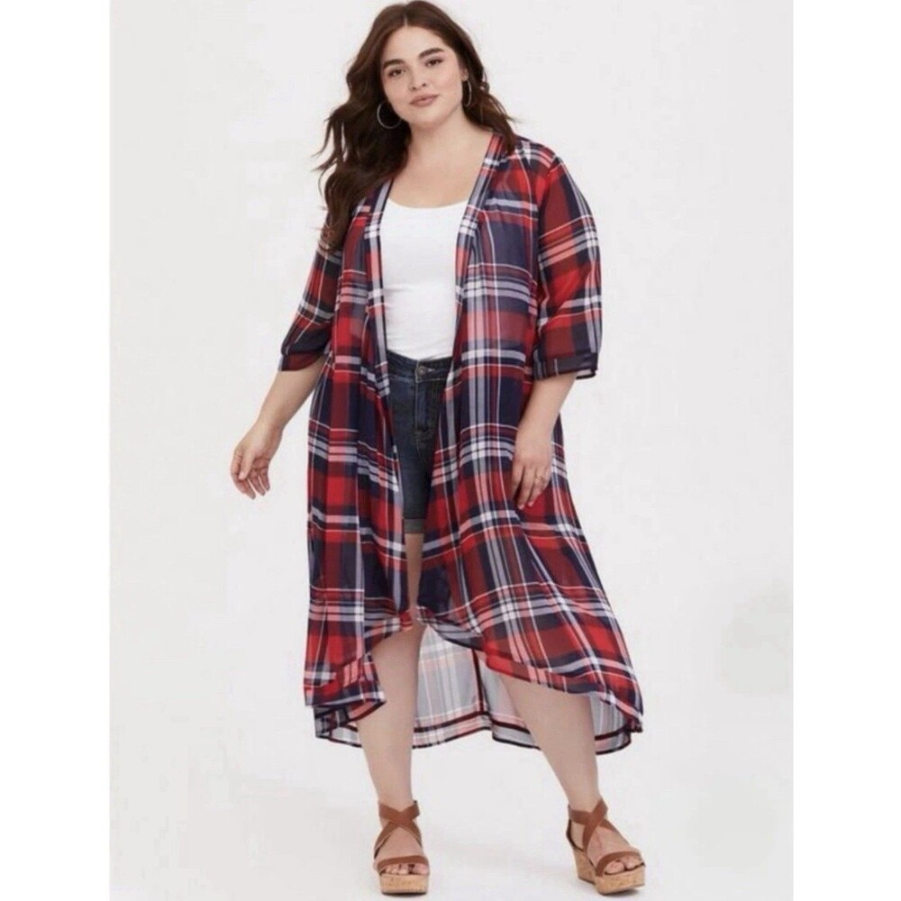 Torrid Chiffon Maxi High Low Kimono Duster Women’s Size 00/0 M L Plaid NWT